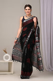 HAND BLOCK BLACK & WHITE PRINTED COTTON LINEN SAREE WITH BLOUSE  (LCS158)