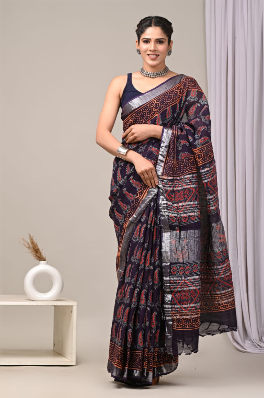 HAND BLOCK BLACK & WHITE PRINTED COTTON LINEN SAREE WITH BLOUSE  (LCS161)