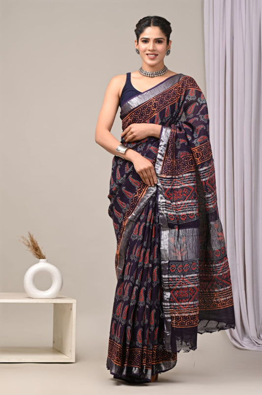 HAND BLOCK BLACK & WHITE PRINTED COTTON LINEN SAREE WITH BLOUSE  (LCS161)