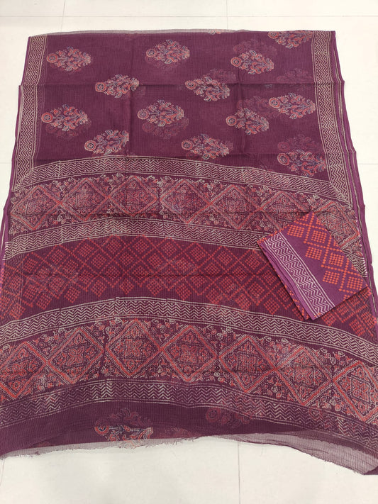 HAND BLOCK BAGRU PRINTED KOTA DORIYA SAREE WITH MULMUL BLOUSE (KDS93)