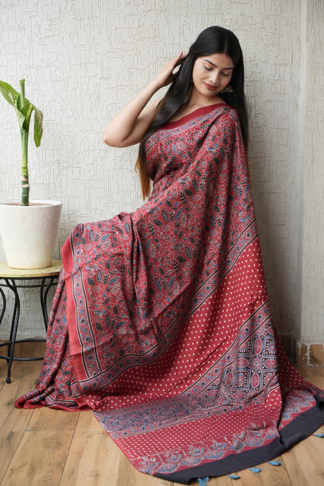 HAND BLOCK PRINTED AJRAKH MODAL SILK SAREE (CIG77)