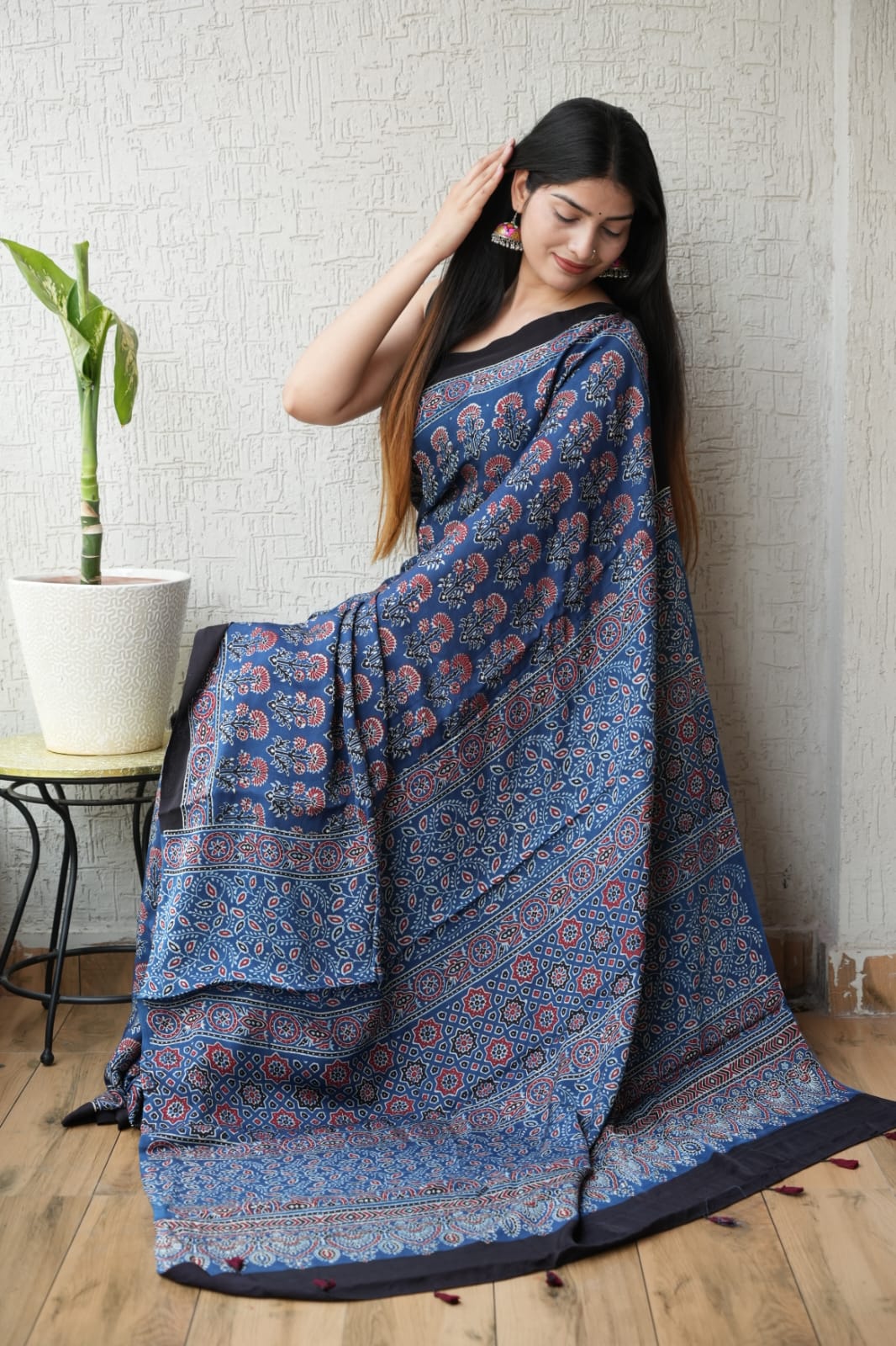 HAND BLOCK PRINTED AJRAKH MODAL SILK SAREE (CIG65)