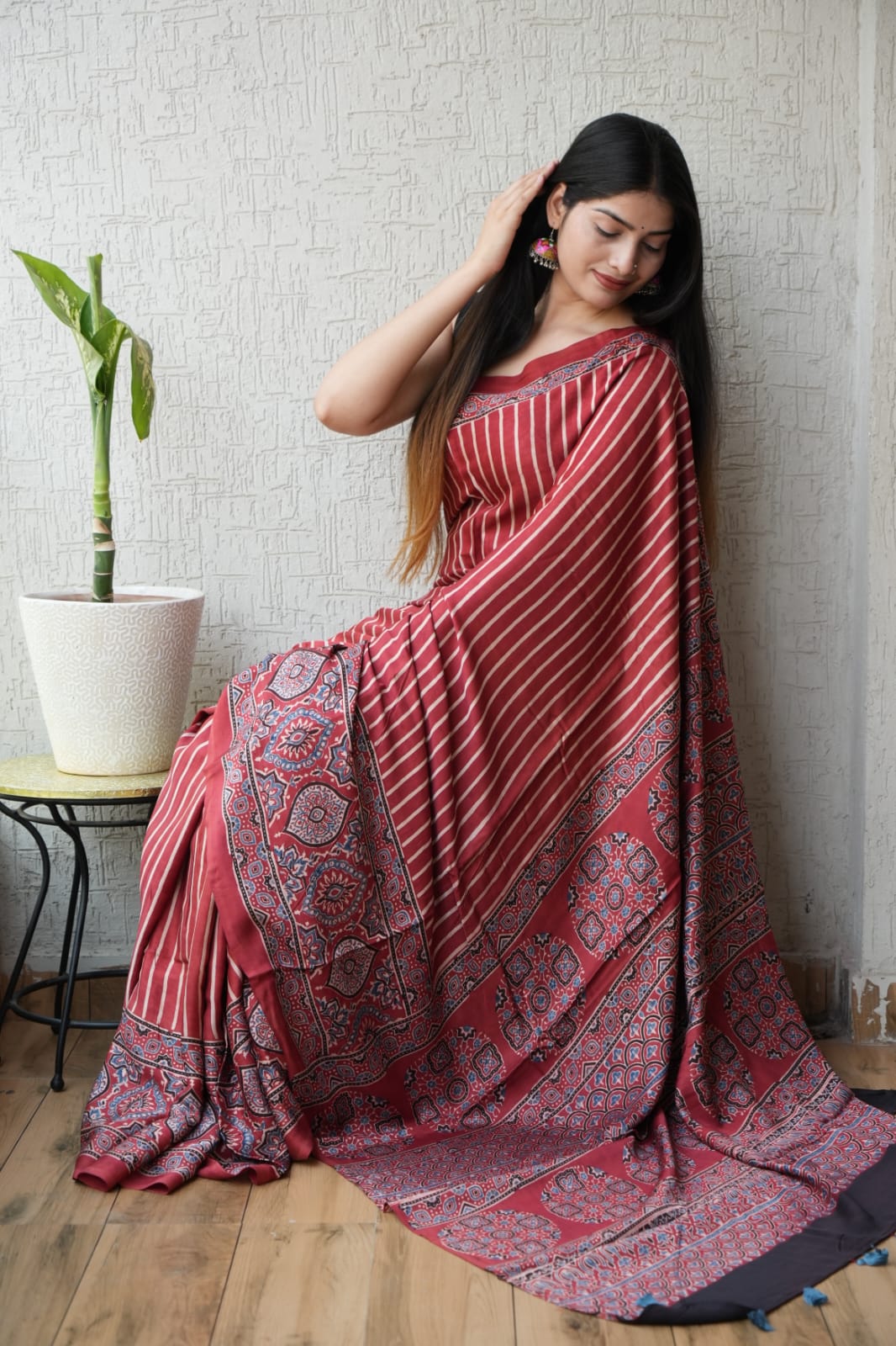 HAND BLOCK PRINTED AJRAKH MODAL SILK SAREE (CIG63)