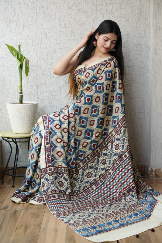 HAND BLOCK PRINTED AJRAKH MODAL SILK SAREE (CIG69)