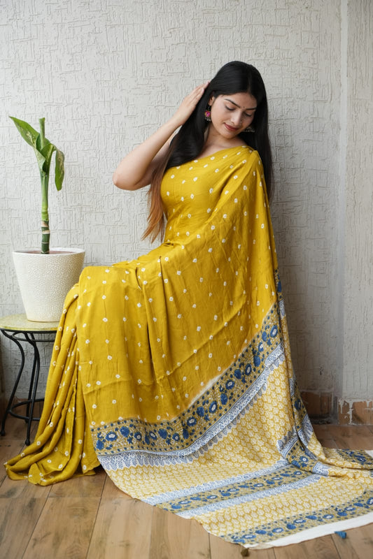 HAND BLOCK PRINTED AJRAKH MODAL SILK SAREE (CIG76)