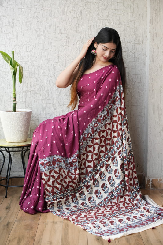HAND BLOCK PRINTED AJRAKH MODAL SILK SAREE (CIG66)