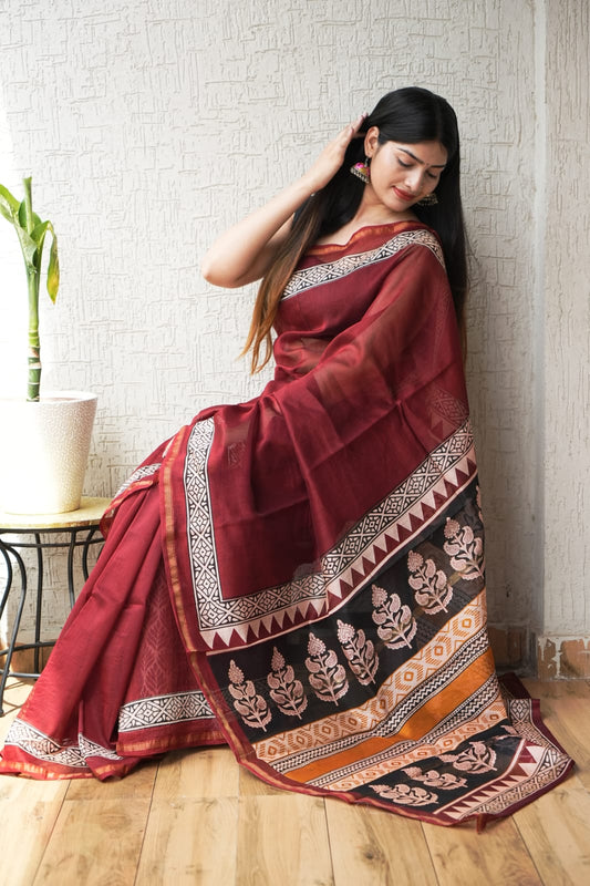 Bagru Hand Block Printed Chanderi Silk Saree with Blouse (CSS121)