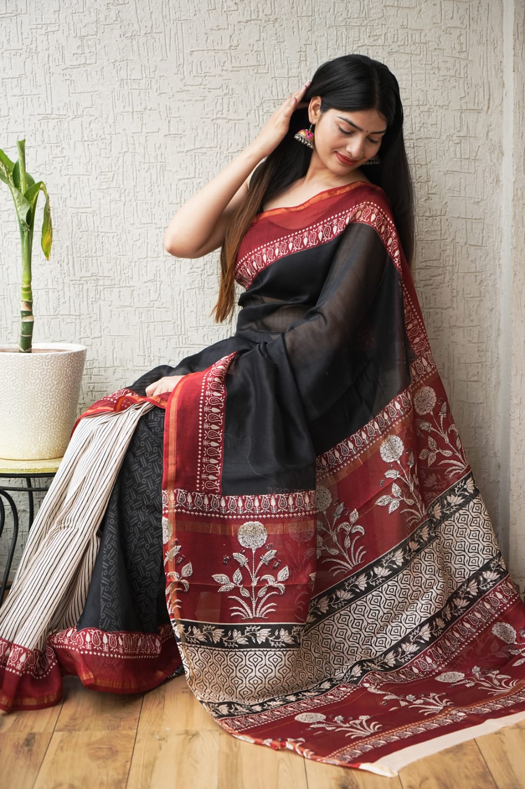 Bagru Hand Block Printed Chanderi Silk Saree with Blouse (CSS123)