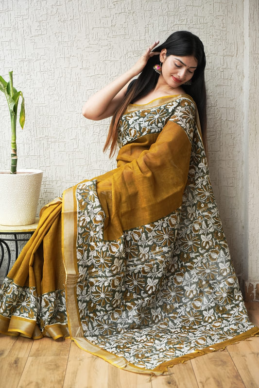 HAND BLOCK BLACK & WHITE PRINTED COTTON LINEN SAREE WITH BLOUSE  (LCS164)