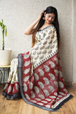 HAND BLOCK BLACK & WHITE PRINTED COTTON LINEN SAREE WITH BLOUSE  (LCS165)