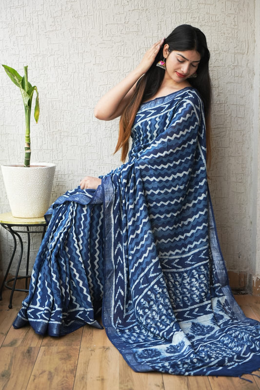 HAND BLOCK BLACK & WHITE PRINTED COTTON LINEN SAREE WITH BLOUSE  (LCS166)