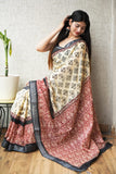HAND BLOCK BLACK & WHITE PRINTED COTTON LINEN SAREE WITH BLOUSE  (LCS169)