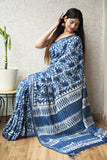HAND BLOCK BLACK & WHITE PRINTED COTTON LINEN SAREE WITH BLOUSE  (LCS168)