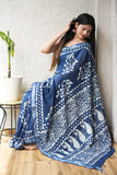 HAND BLOCK BLACK & WHITE PRINTED COTTON LINEN SAREE WITH BLOUSE  (LCS171)