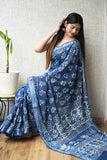 HAND BLOCK BLACK & WHITE PRINTED COTTON LINEN SAREE WITH BLOUSE  (LCS172)