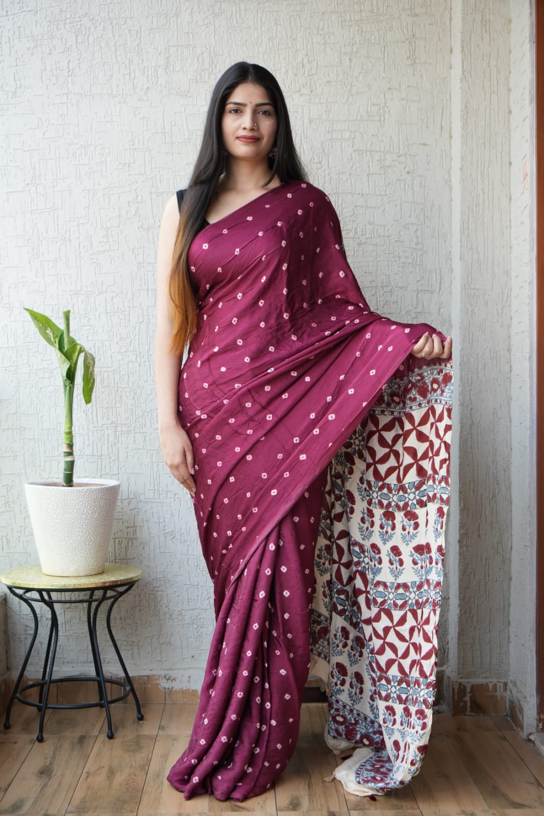 HAND BLOCK PRINTED AJRAKH MODAL SILK SAREE (CIG79)