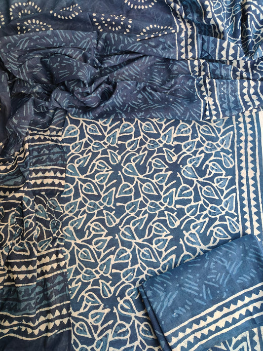HAND BLOCK PRINTED COTTON 3-PIS SUIT WITH MULMUL DUPPATA (CMS110)