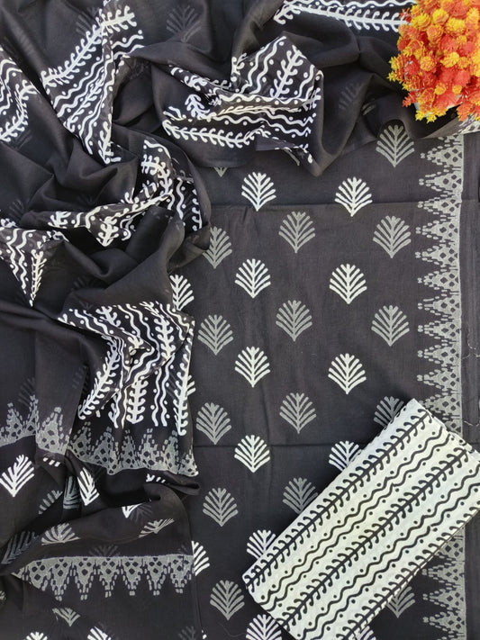 HAND BLOCK PRINTED COTTON 3-PIS SUIT WITH MULMUL DUPPATA (CMS109)