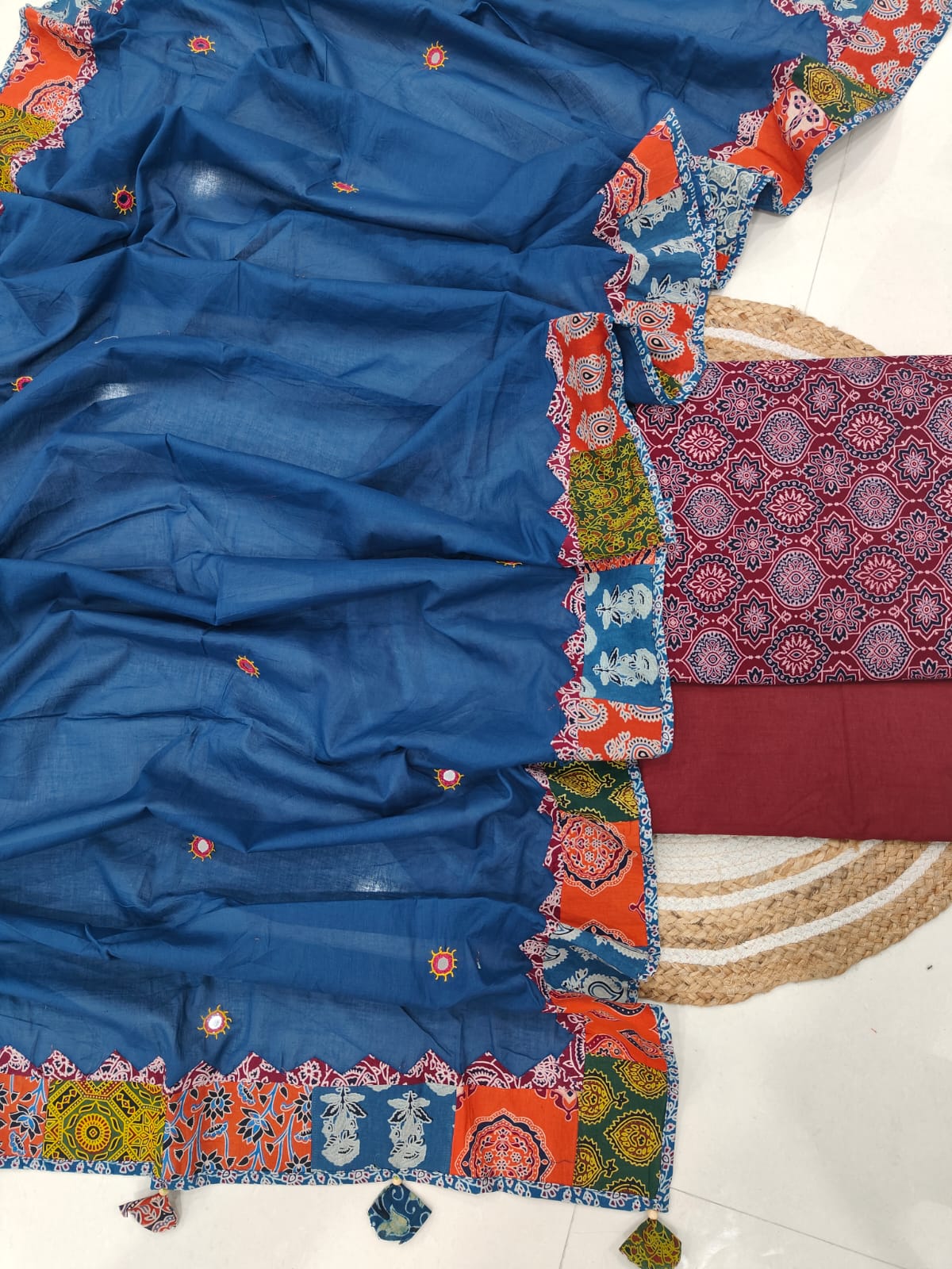 Ajarkh  Print Suit Pcs With Patch Work And Mirror Work Dupatta (ASC013)