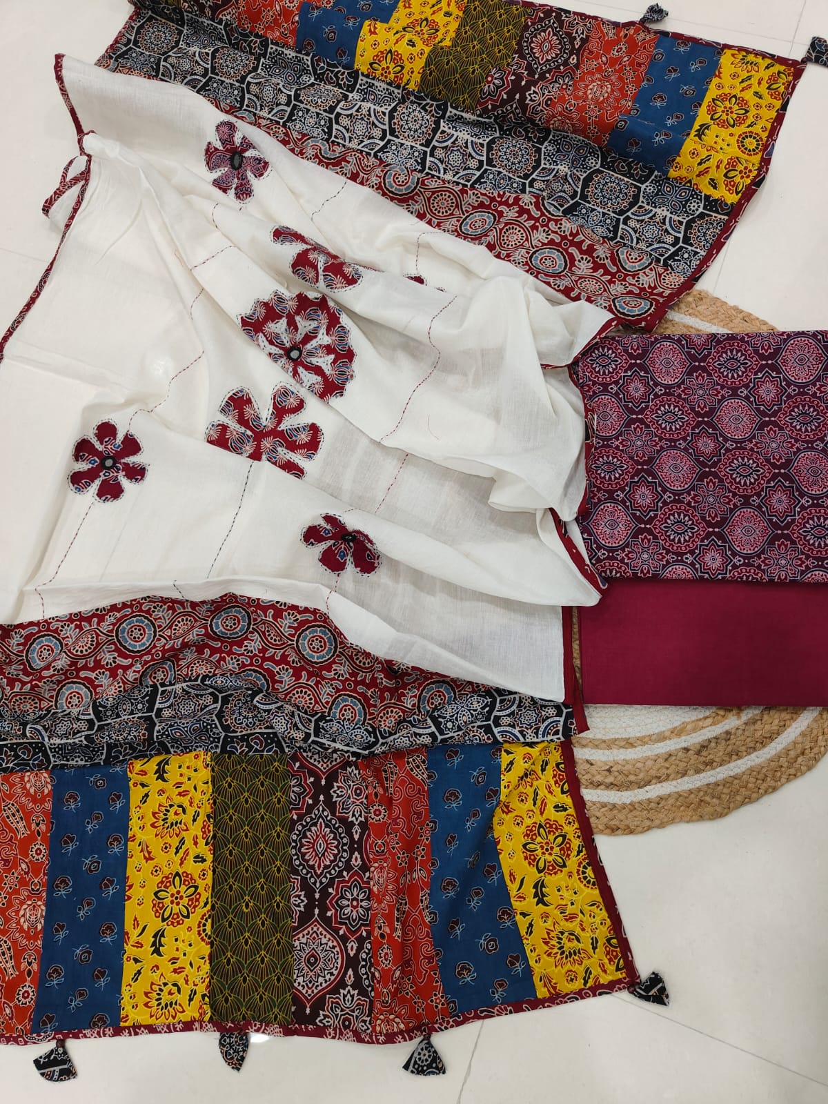 Ajarkh  Print Suit Pcs With Patch Work And Mirror Work Dupatta (ASC011)