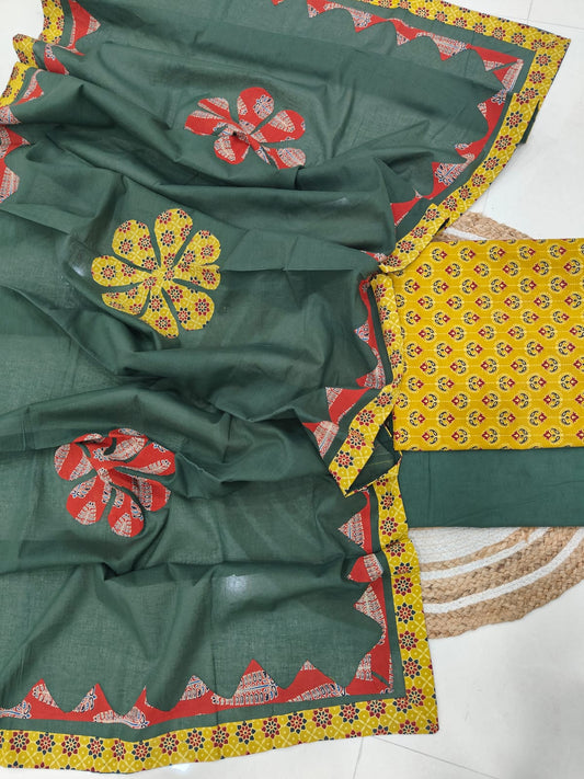 Ajarkh  Print Suit Pcs With Patch Work And Mirror Work Dupatta (ASC021)