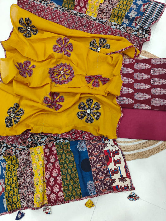 Ajarkh  Print Suit Pcs With Patch Work And Mirror Work Dupatta (ASC020)