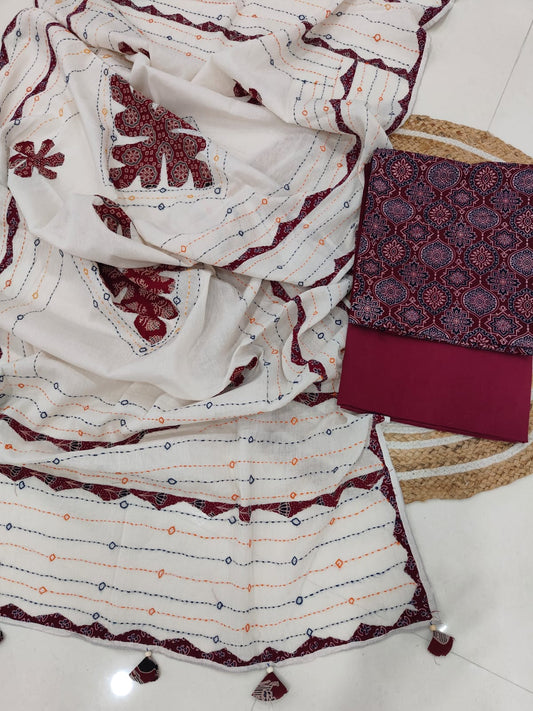 Ajarkh  Print Suit Pcs With Patch Work And Mirror Work Dupatta (ASC023)