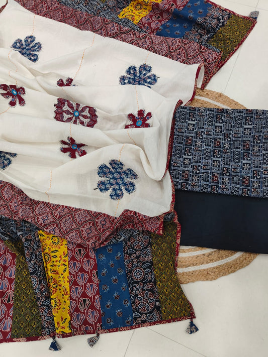 Ajarkh  Print Suit Pcs With Patch Work And Mirror Work Dupatta (ASC029)
