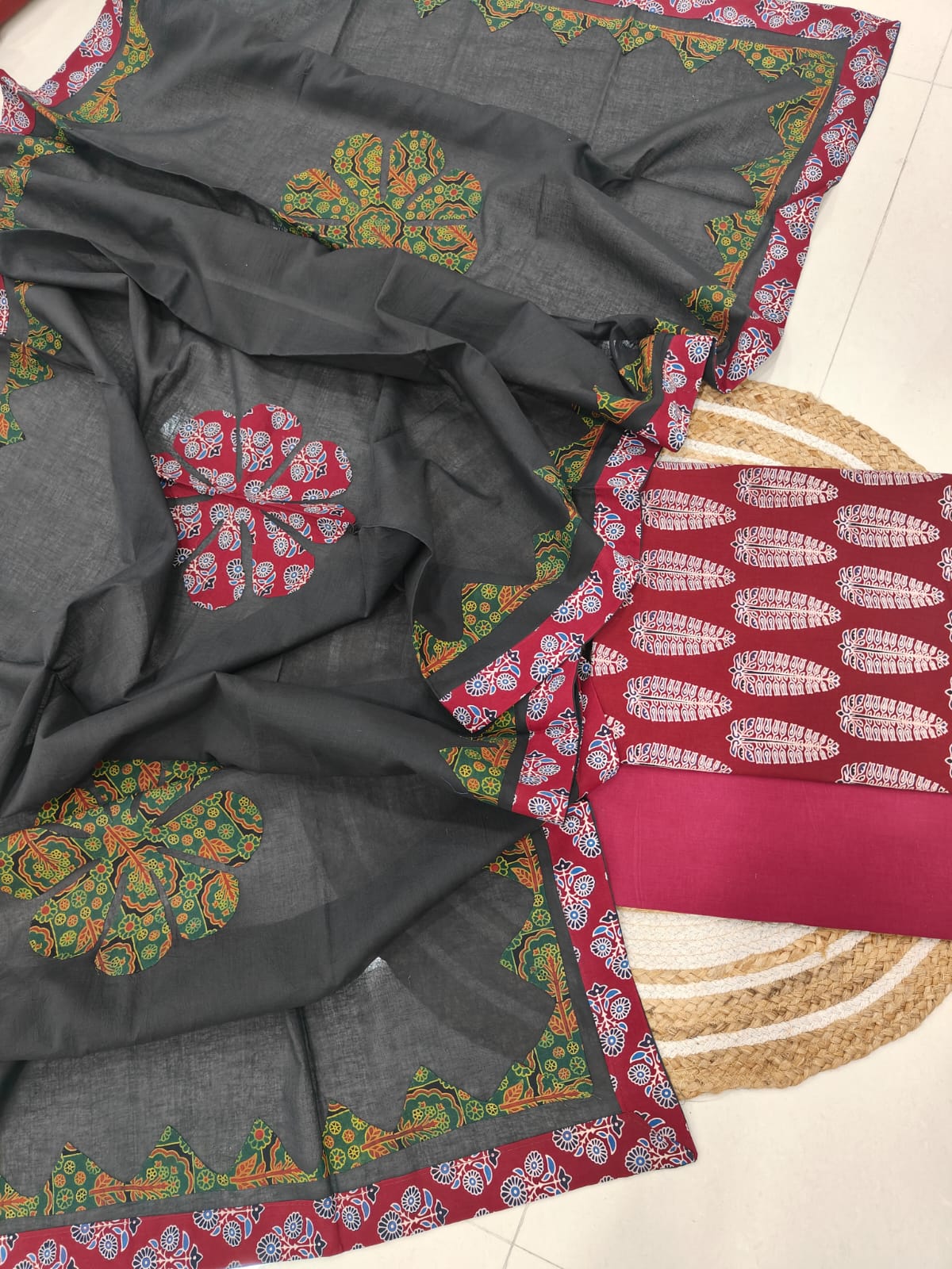 Ajarkh  Print Suit Pcs With Patch Work And Mirror Work Dupatta (ASC035)
