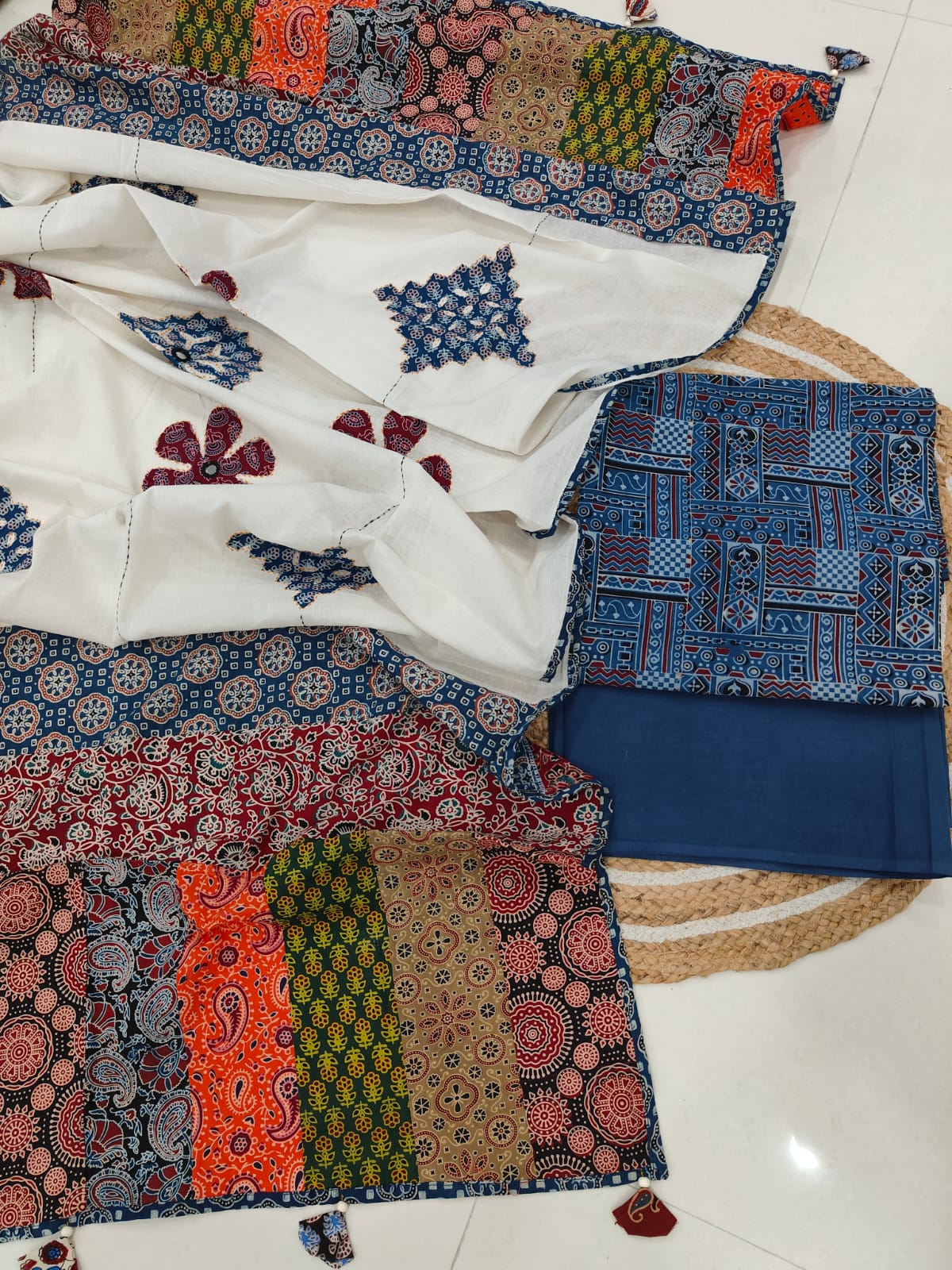 Ajarkh  Print Suit Pcs With Patch Work And Mirror Work Dupatta (ASC036)