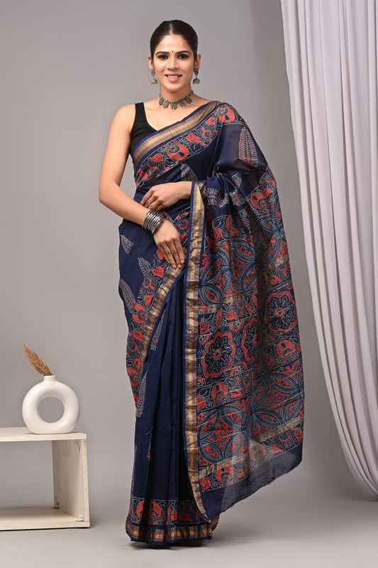Jaipuri Hand Block Bagru Printed Maheshwari Silk Saree With Blouse (MSS152)