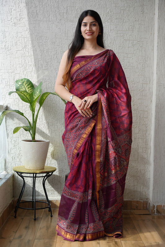 Jaipuri Hand Block Bagru Printed Maheshwari Silk Saree With Blouse (MSS153)