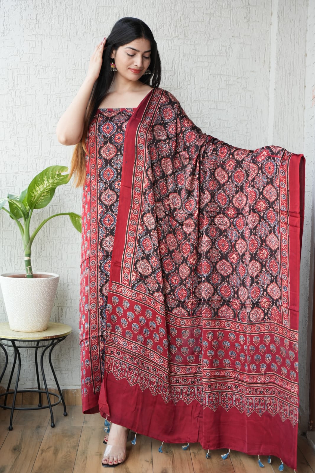Vanaspati Ajrakh Hand Block Printed Suits Modal Silk Fabric (CIT76)
