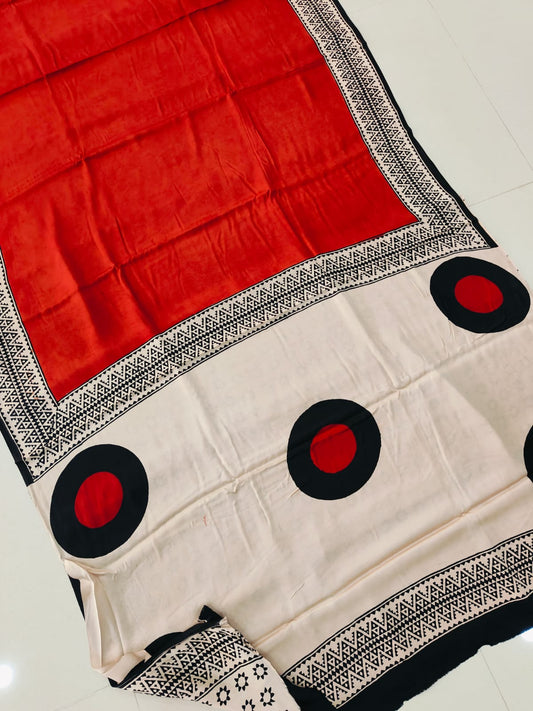 Ajrakh Hand Block Bagru Vanspati Printend Modal Silk Saree with Blouse (CID90)
