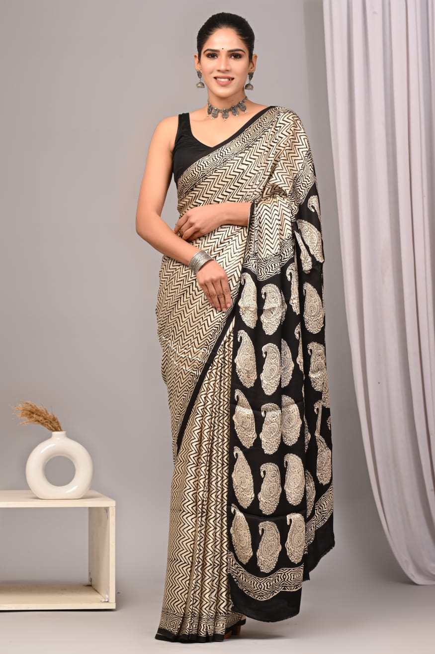 Ajrakh Hand Block Bagru Vanspati Printend Modal Silk Saree with Blouse (CID94)