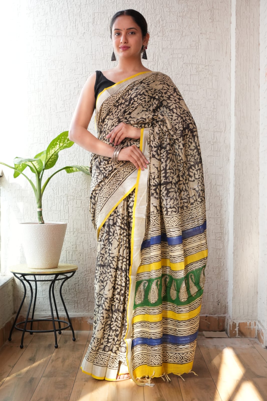 HAND BLOCK BLACK & WHITE PRINTED COTTON LINEN SAREE WITH BLOUSE  (LCS176)