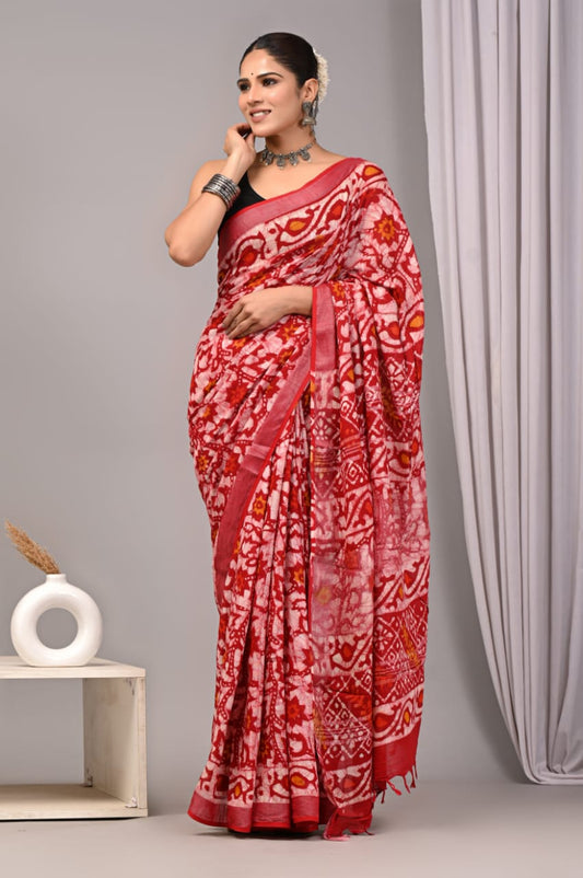 HAND BLOCK BLACK & WHITE PRINTED COTTON LINEN SAREE WITH BLOUSE  (LCS174)