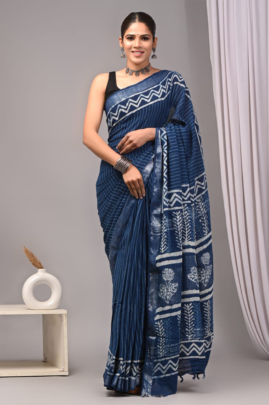 HAND BLOCK BLACK & WHITE PRINTED COTTON LINEN SAREE WITH BLOUSE  (LCS178)