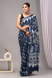HAND BLOCK BLACK & WHITE PRINTED COTTON LINEN SAREE WITH BLOUSE  (LCS179)
