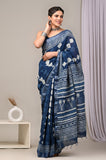 HAND BLOCK BLACK & WHITE PRINTED COTTON LINEN SAREE WITH BLOUSE  (LCS181)