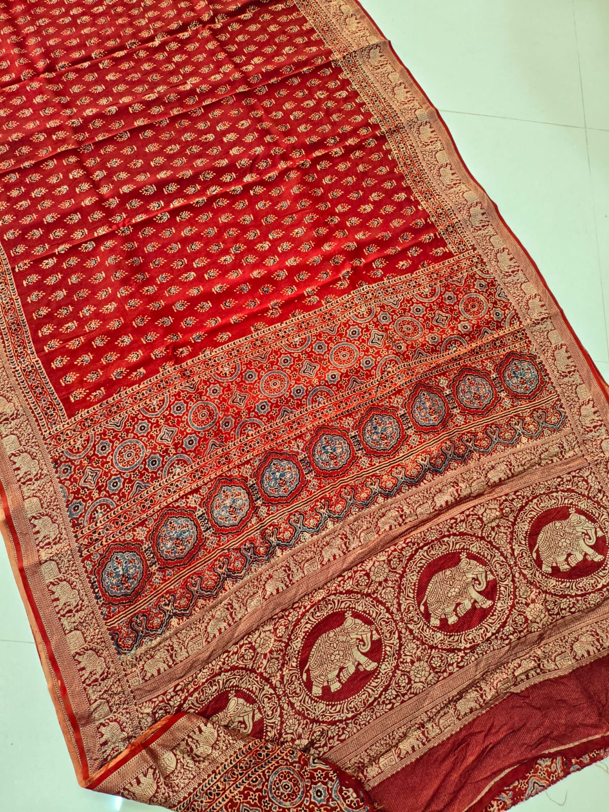 AJRAKH PRINTED PURE DOLA SILK SAREE WITH BLOUSE (MS50)