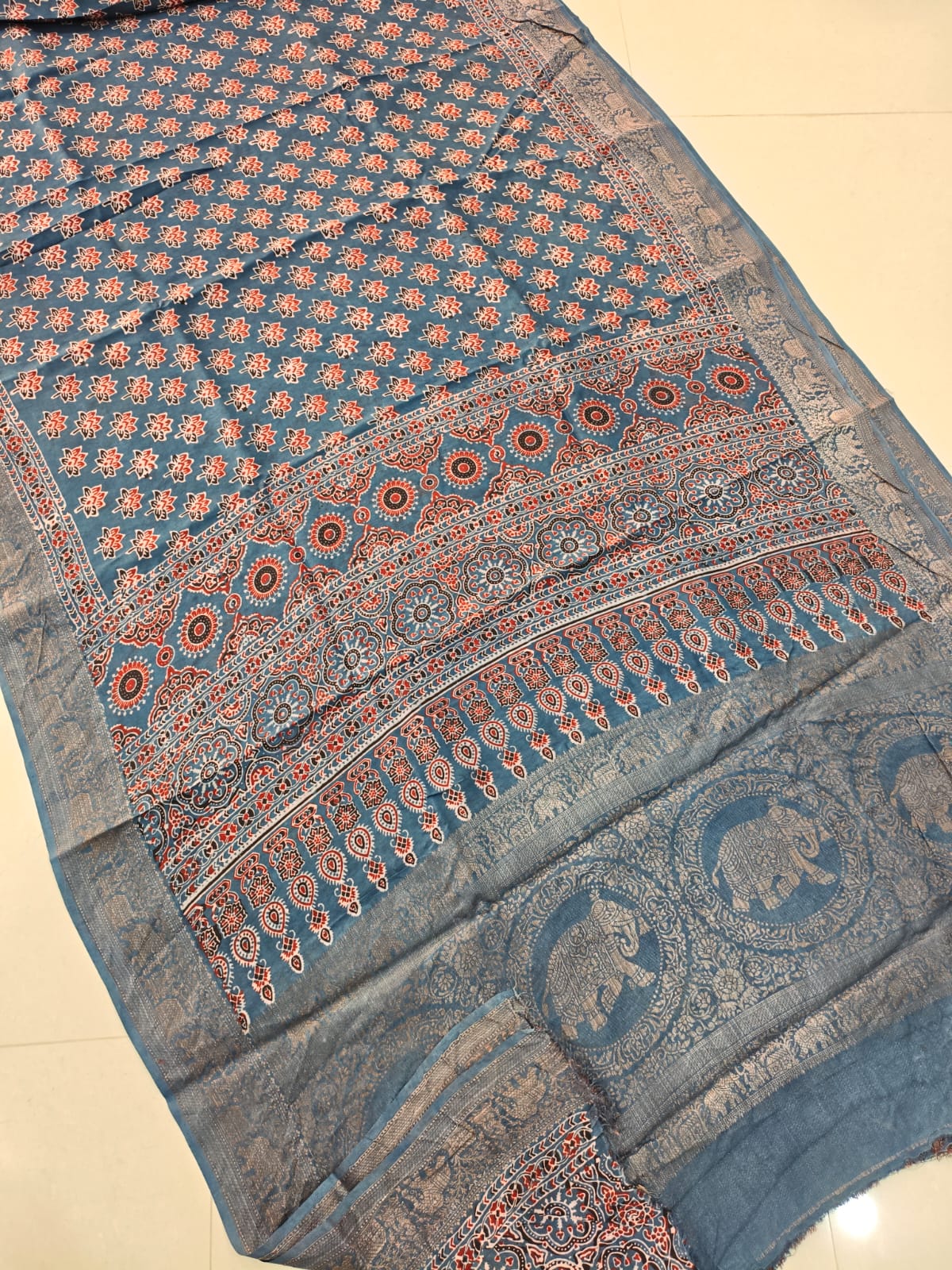 AJRAKH PRINTED PURE DOLA SILK SAREE WITH BLOUSE (MS52)
