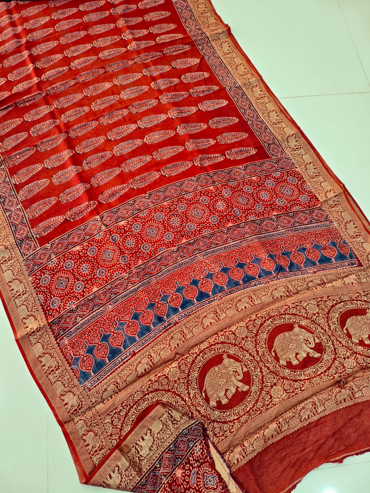 AJRAKH PRINTED PURE DOLA SILK SAREE WITH BLOUSE (MS54)