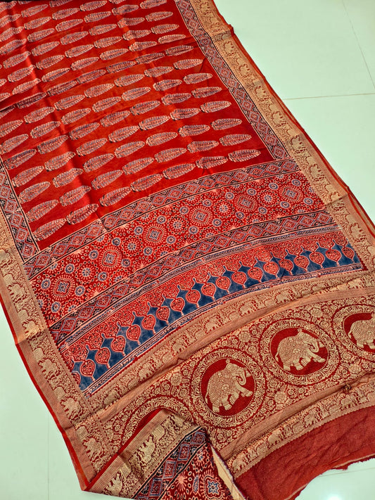 AJRAKH PRINTED PURE DOLA SILK SAREE WITH BLOUSE (MS54)