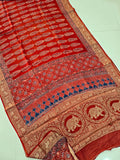 AJRAKH PRINTED PURE DOLA SILK SAREE WITH BLOUSE (MS54)