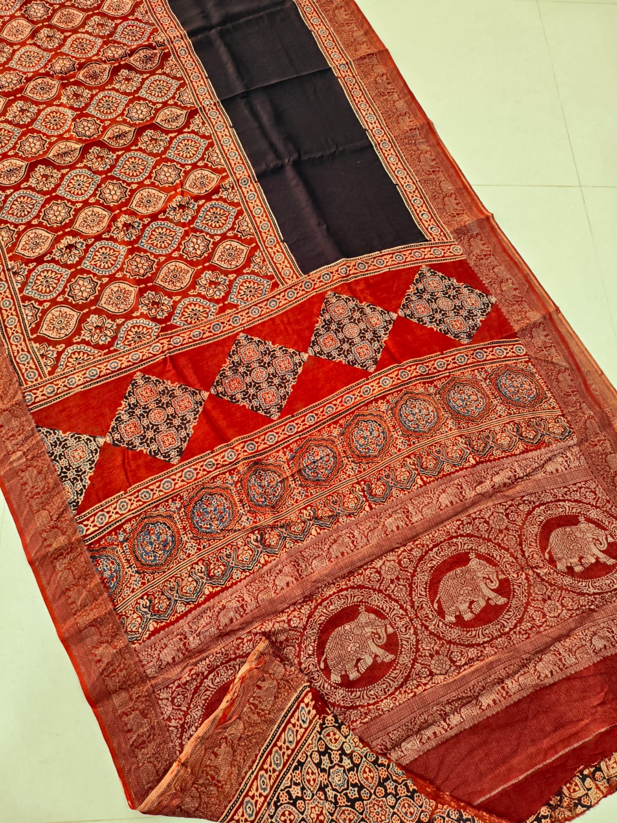 AJRAKH PRINTED PURE DOLA SILK SAREE WITH BLOUSE (MS55)