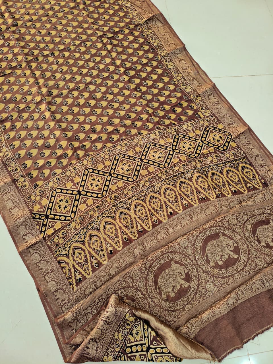 AJRAKH PRINTED PURE DOLA SILK SAREE WITH BLOUSE (MS56)