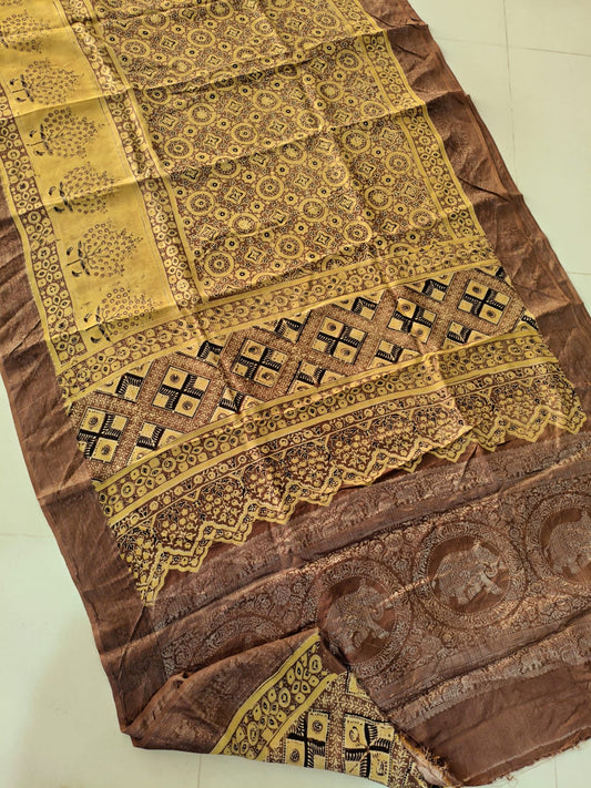 AJRAKH PRINTED PURE DOLA SILK SAREE WITH BLOUSE (MS57)
