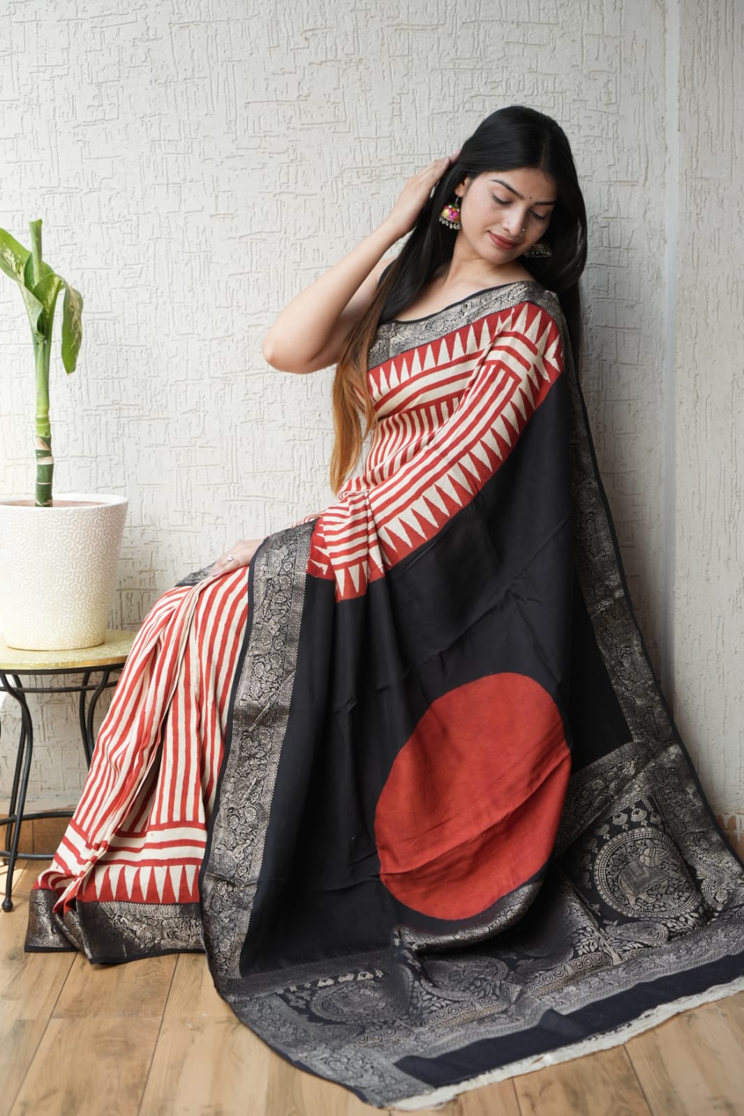 AJRAKH PRINTED PURE DOLA SILK SAREE WITH BLOUSE (MS58)