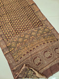 AJRAKH PRINTED PURE DOLA SILK SAREE WITH BLOUSE (MS56)